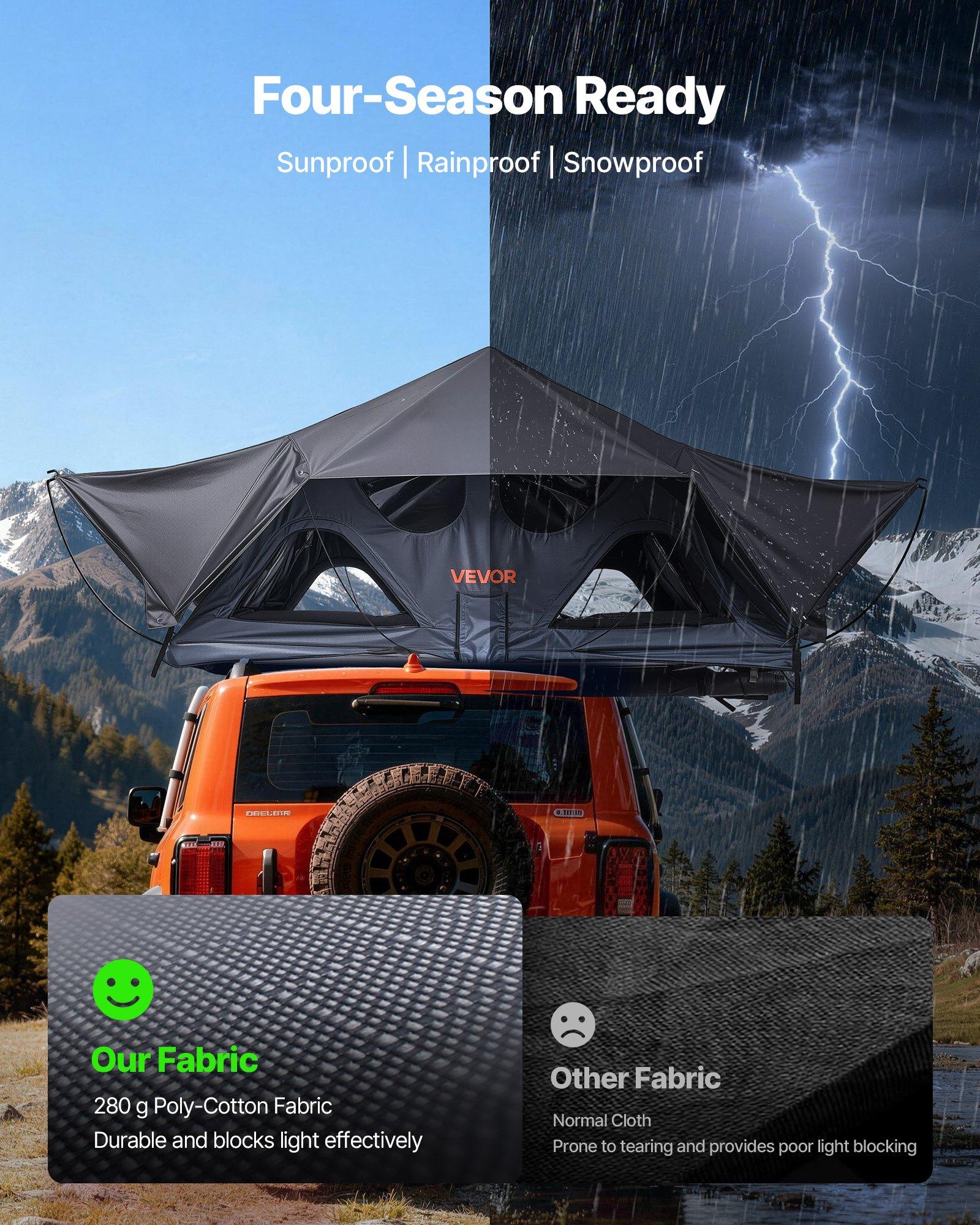 VEVOR Rooftop Tent, 2-3 Person Foldable Aluminum Roof Top Tent with Tri-Color LED Light, Thick Mattress 10 Windows, Waterproof Windproof Overland Camping Car Roof Rack Suitable for Jeep SUV Pickup