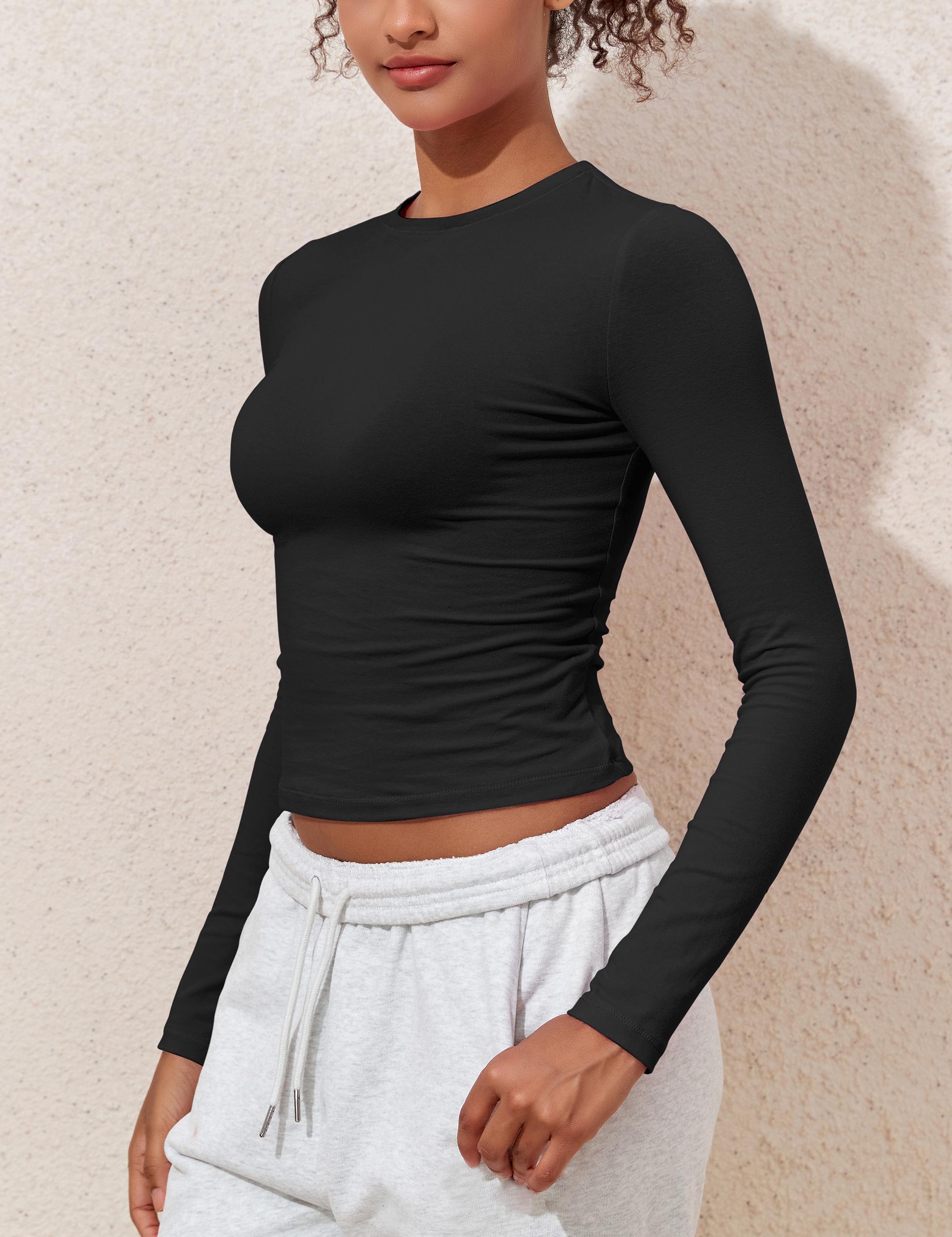 Hilor Women's Long Sleeve T Shirts Crew Neck Tight Fitted Tee Tops Basic Going Out Tops Crop Y2K Clothes