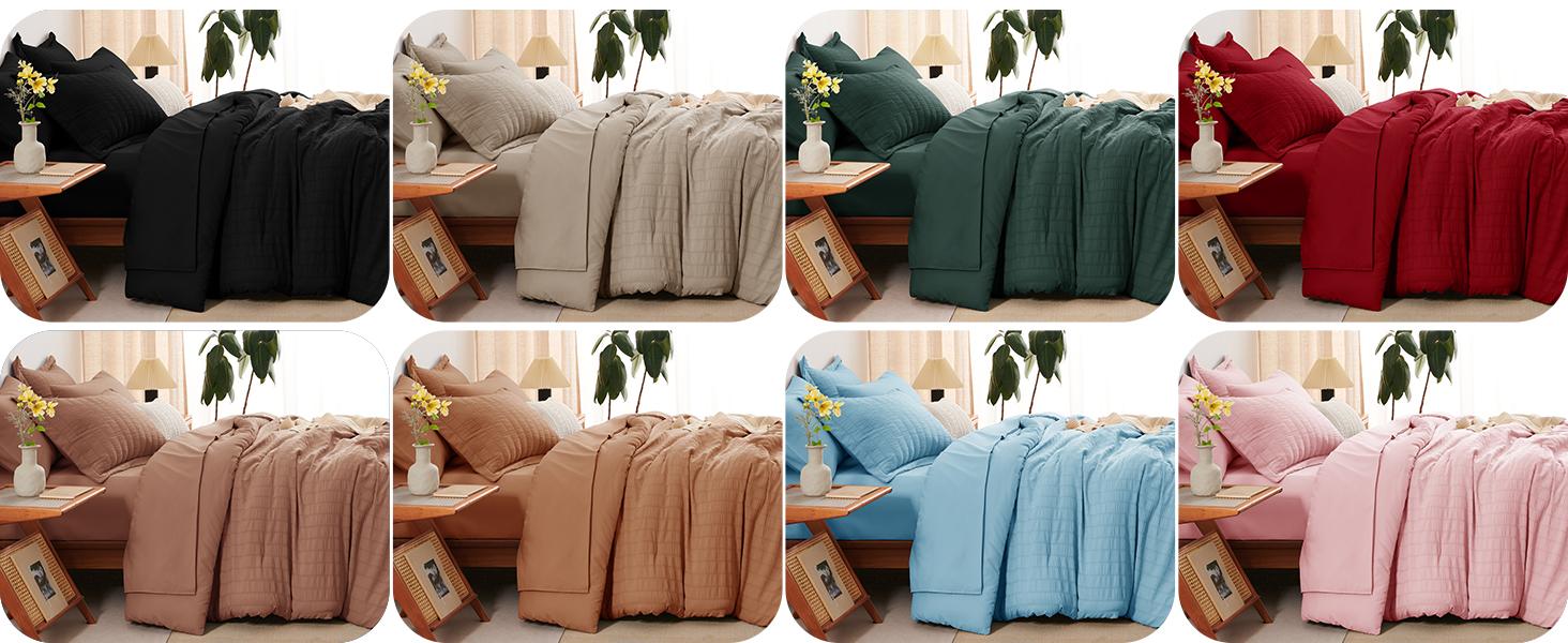 Queen Comforter Set Oatmeal, 7 Pieces Seersucker Textured Luxury Bed in a Bag Queen, All Soft Bedding Sets with Down Alternative Comforter, Sheets, Pillowcases & Shams, Bedroom Bed Set