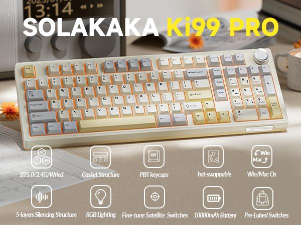 【NEW】Solakaka KI99 Pro 96% Wireless Mechanical Gaming Keyboard, RGB Backlit, Tri-Mode Hot-Swappable Gasket Structure with Knob Control, Pre-Lubed Switches, Creamy Beige White Keyboard for PC Laptop cream keyboard FallFreshness