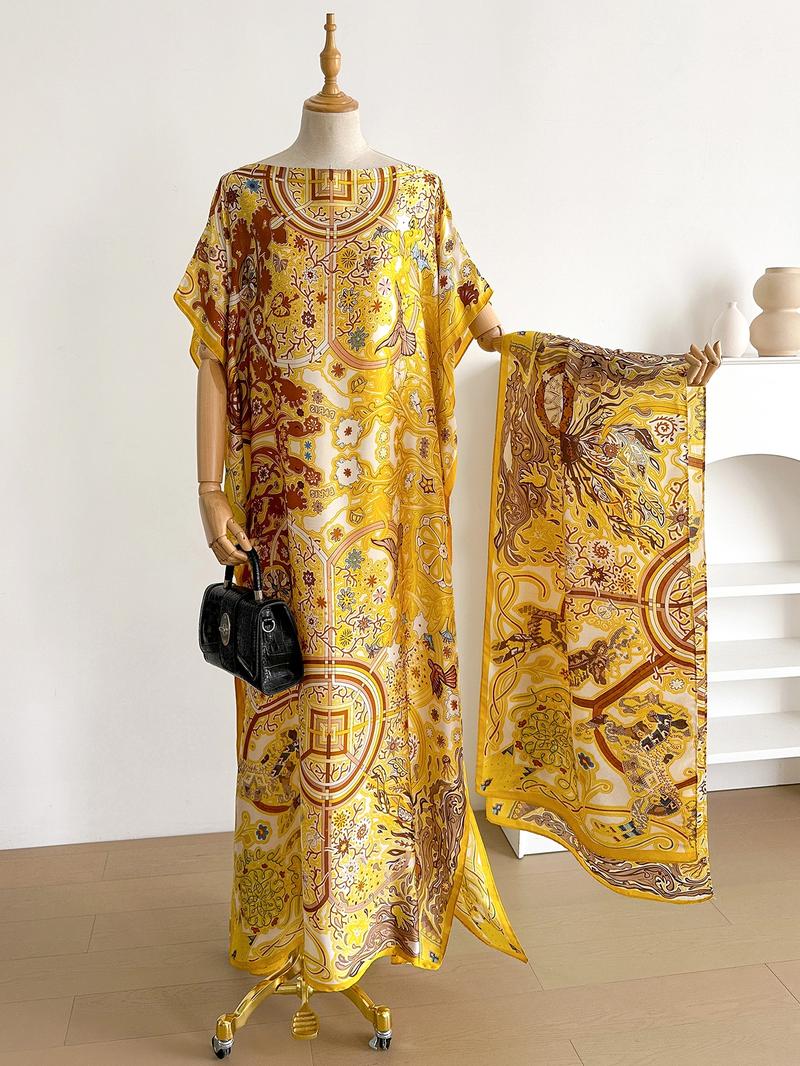 Women's Floral Print Long Dress & Scarf Set, Boho Casual Shawl Dress & Scarf Set for Beach Vacation Holiday, Ladies Clothes for All Seasons