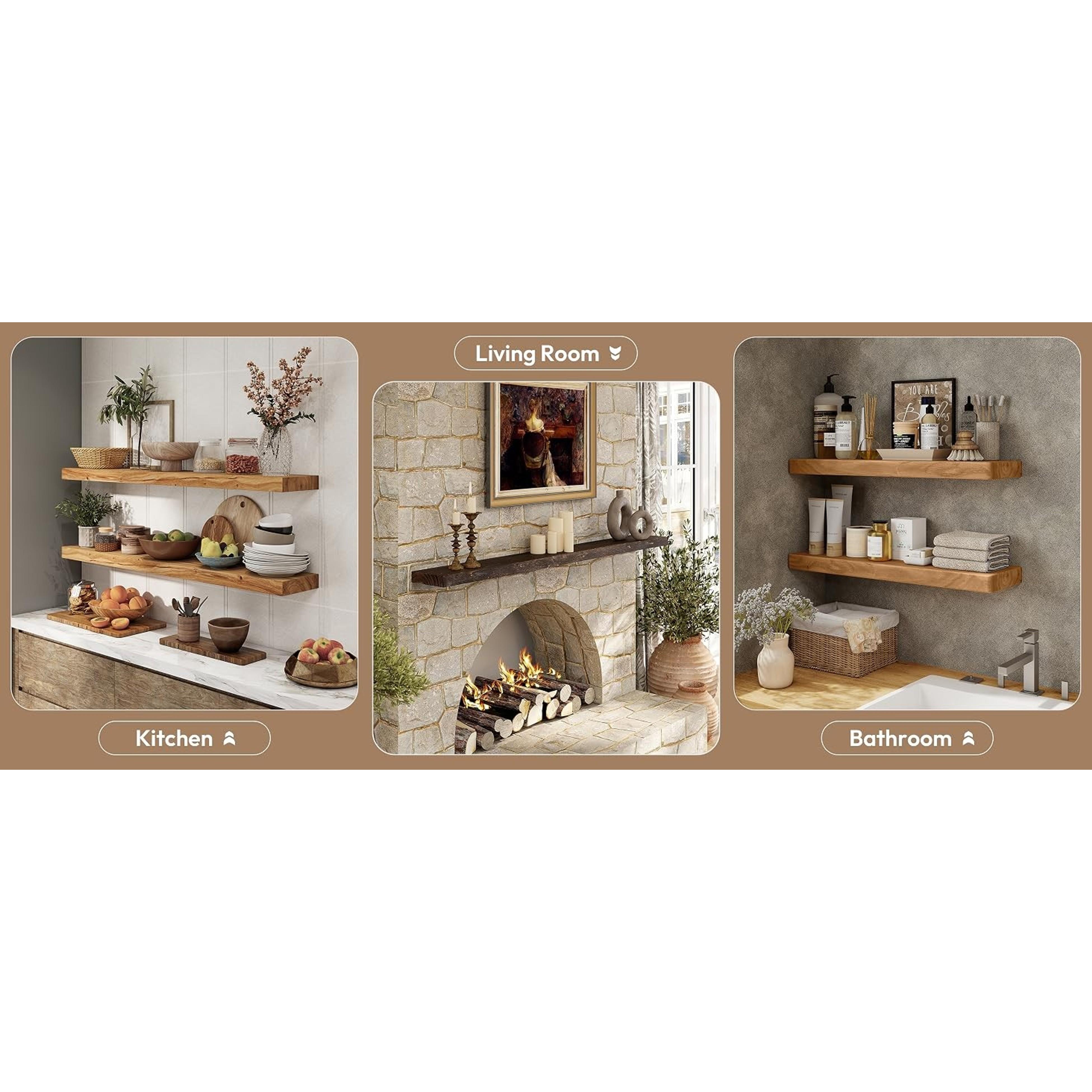 40-in Solid Elm Wooden Floating Shelf with Invisible Bracket - Rustic Minimalist Walnut-Tone Wall-Mounted Shelf for Bathroom, Living Room Decor, 1 Pack, Installation