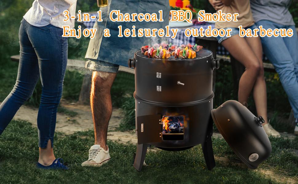 Ubesgoo Vertical 17 Inch Charcoal BBQ Smoker, 3-in-1 Portable Outdoor Grill Cooker With Built-in Thermometer For Outdoor Backyard Cooking Grilling Camping