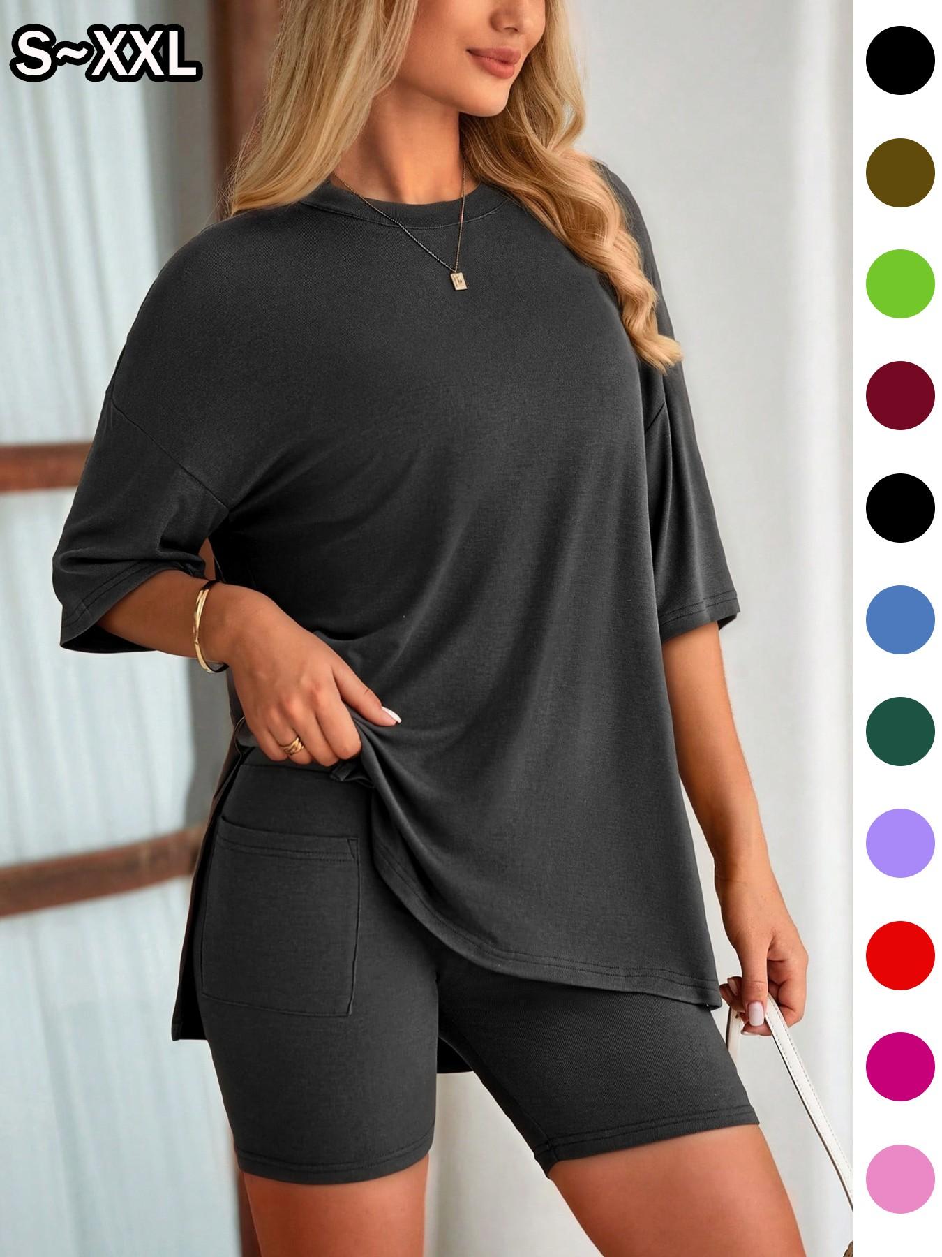 Women's Solid Color 2-Piece Set, Round Neck Loose T-Shirt and Pocket Tight Shorts, Comfort Summer Loungewear Pajamas, Suitable for Outdoor Wear