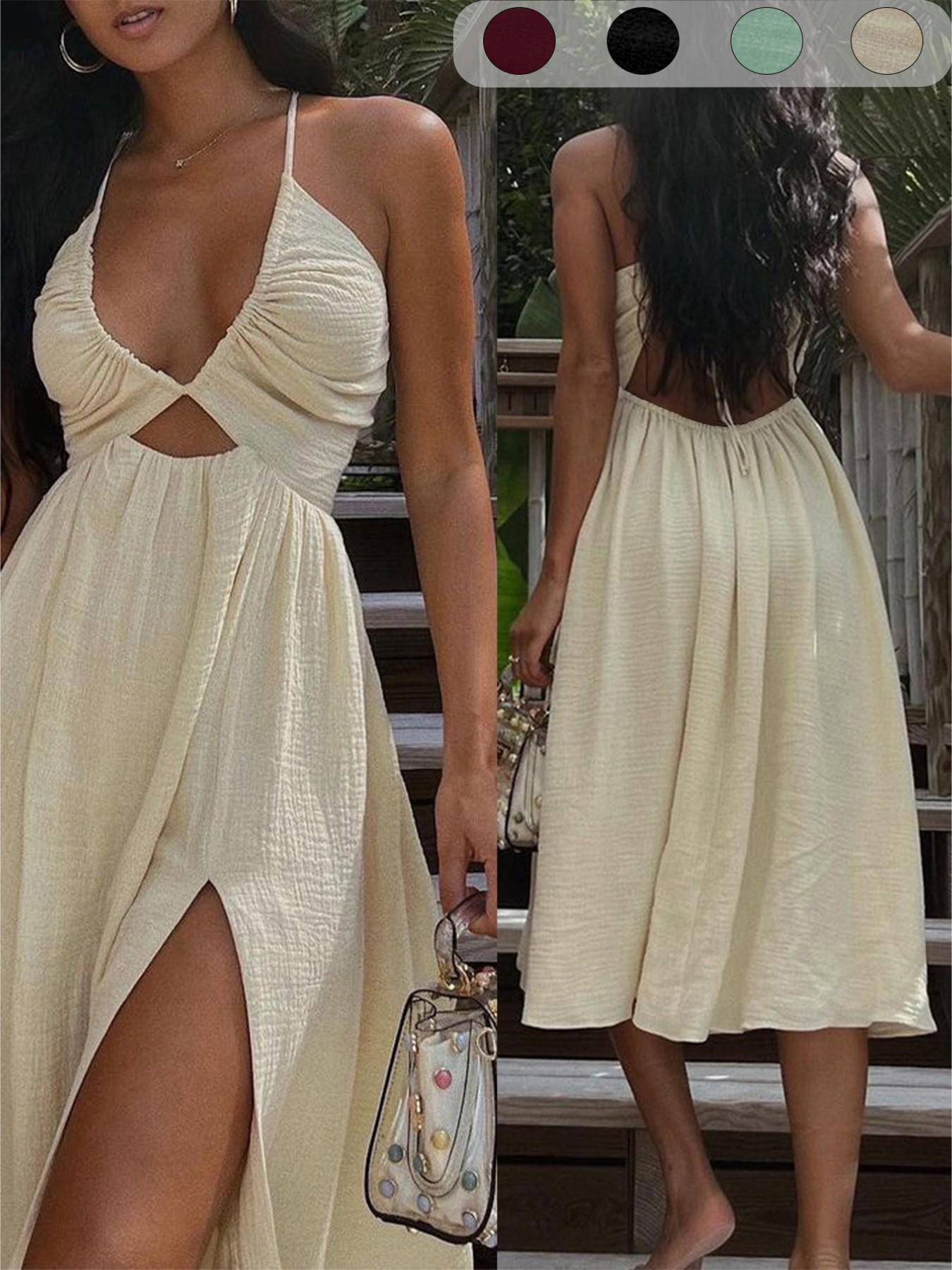 Summer New Sexy Wrap Top V-Neck Dress, Loose Beach Style Split Skirt, Women's Fashionable Long Dress, Perfect for Vacation Summer New Sexy Wrap Top V-Neck Dress, Loose Beach Style Split Skirt, Women's Fashionable Long Dress, Perfect for Vacation