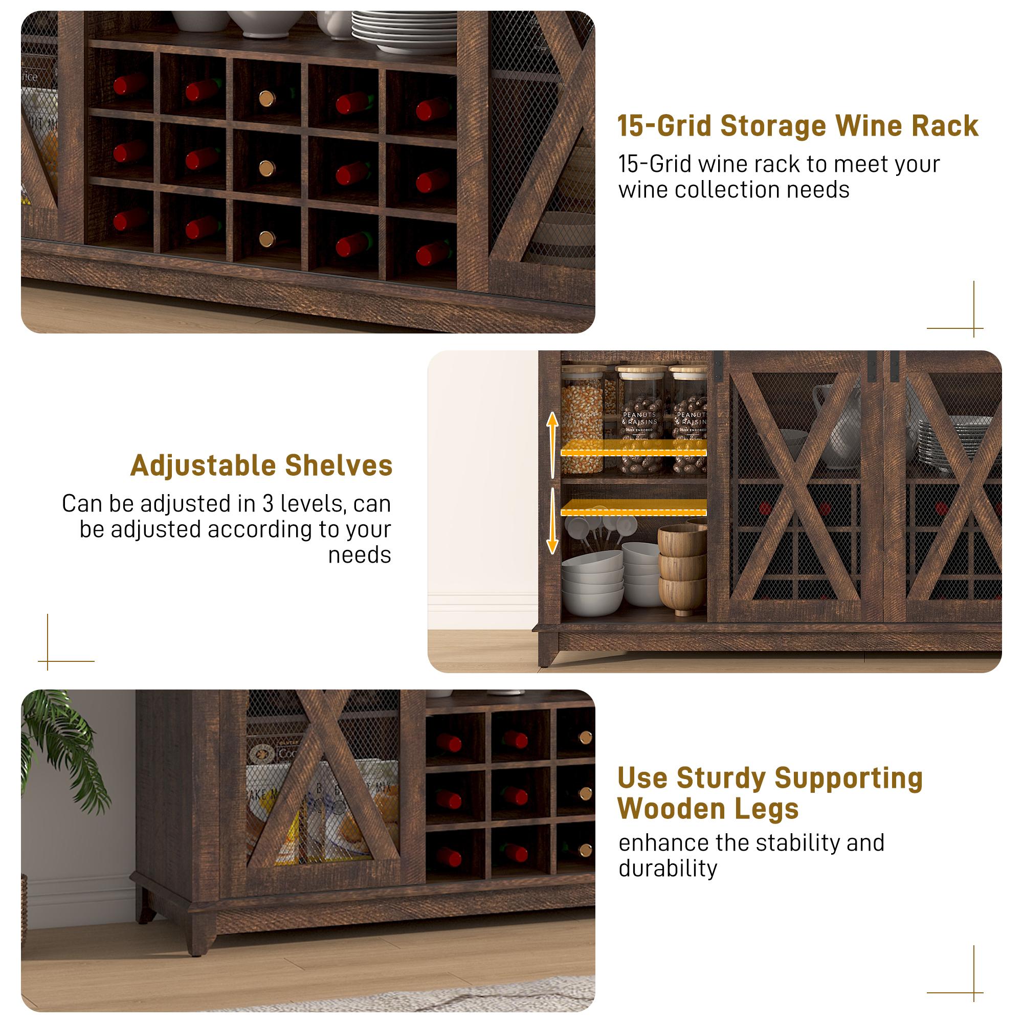 63"W/47"W/31.5"W Farmhouse Coffee Bar Cabinet with LED Light,Wine Bar Cabinet w/ Tier Storage Hutch,Kitchen Buffet Cabinet w/Sliding Barn Door & Wine and Glass Racks for Kitchen Dining Room(Brown/Antique White/Dark Rustic Oak)