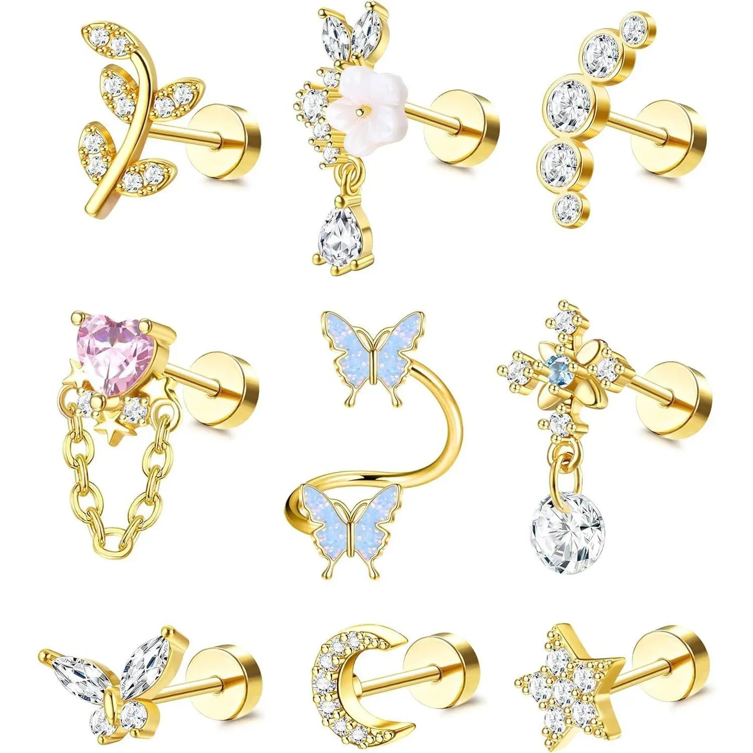 CASSIECA 16G Flat Back Earrings Stack Hypoallergenic Stainless Steel Women's Flat Back Earrings Set, 9Pcs Helix Piercing Earrings with Leaf, Butterfly Motif CZ Studs for Daily Wear Sohochic