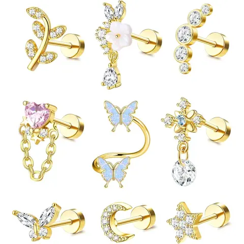 CASSIECA 16G Flat Back Earrings Stack Hypoallergenic Stainless Steel Women's Flat Back Earrings Set, 9Pcs Helix Piercing Earrings with Leaf, Butterfly Motif CZ Studs for Daily Wear Sohochic