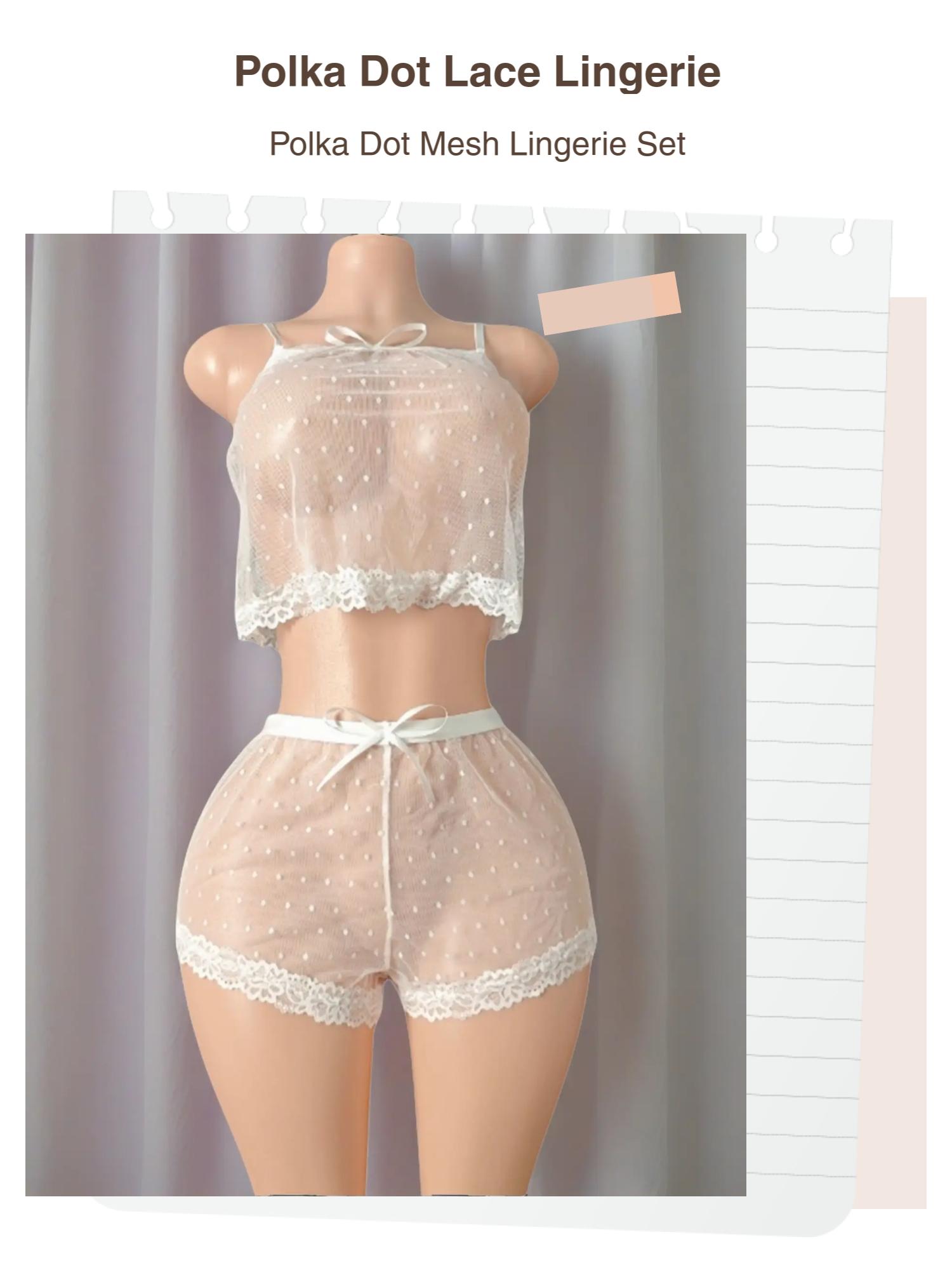 Women's Sexy Lingerie Set, Polka Dot Mesh Sleepwear, Inner Layer, Fitted Design, All Seasons Wear, Plain Pattern