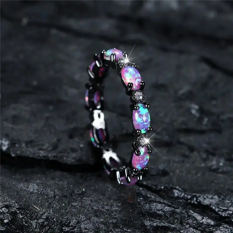 Women's Purple Fire Opal Engagement Ring - Cute Small Oval Opal Glow Gemstone-Studded, Vintage Black Metal Band, Elegant Fashion Rings with Size Variety for Wedding, Business & Daily Wear
