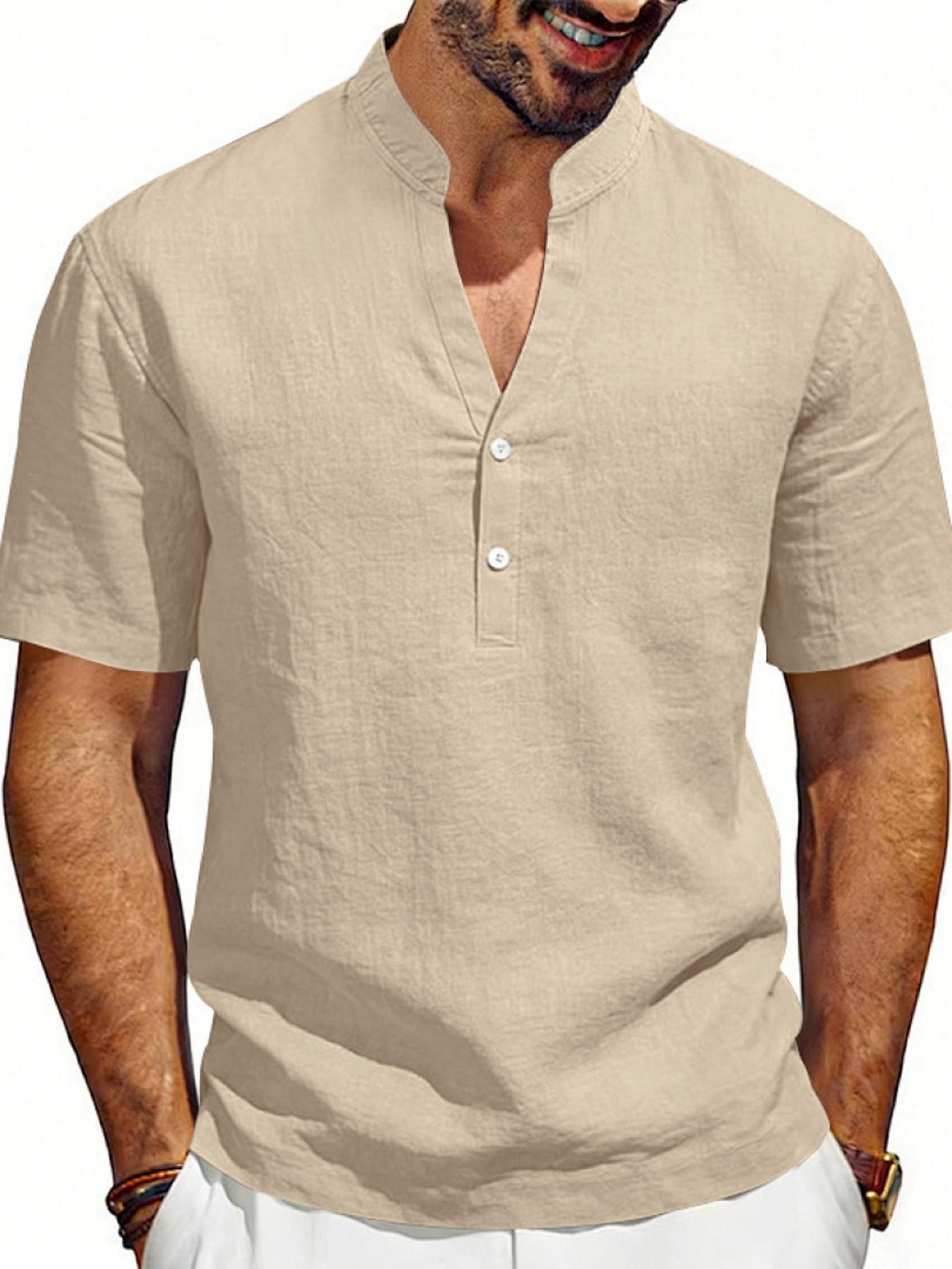 Men's Summer Loose Fit Linen Casual Breathable Henry V Neck Short Sleeve Shirt, Cross-Border American Style Commuter Top