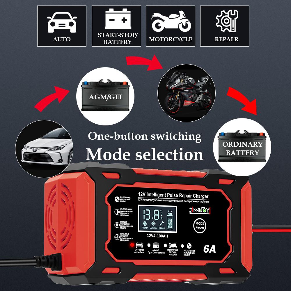 12V 6a Pulse Repair Charger for Cars & Motorcycles, LCD Battery Display, Magnetic Material, Auto Switch Mode, Overcharge Protection