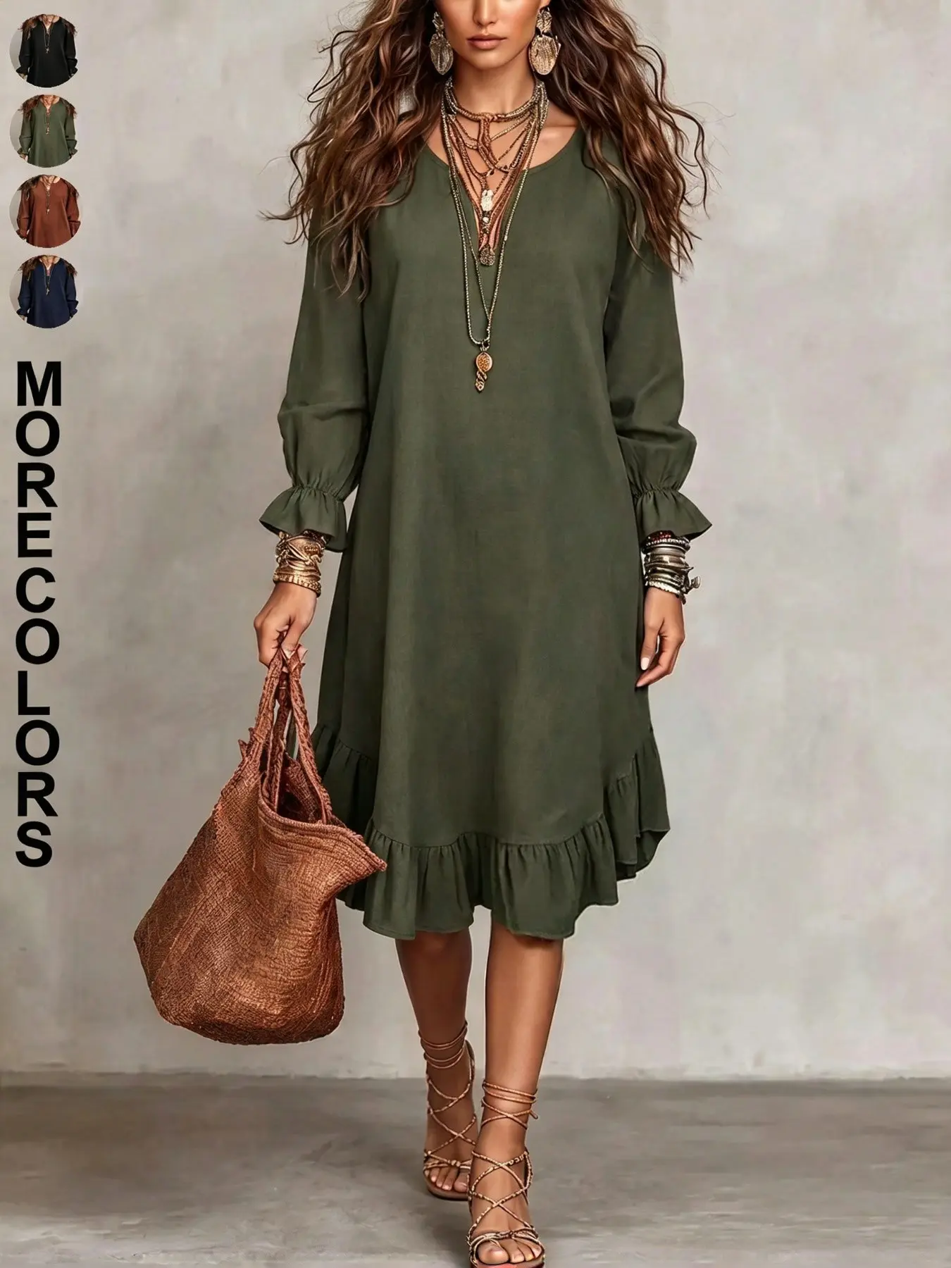 Women's Bohemian Style Dress, Long Sleeve Round Neck A-Line, Ruffle Hem and Flare Sleeves, Elegant Short Dress for Spring Fall, Boho