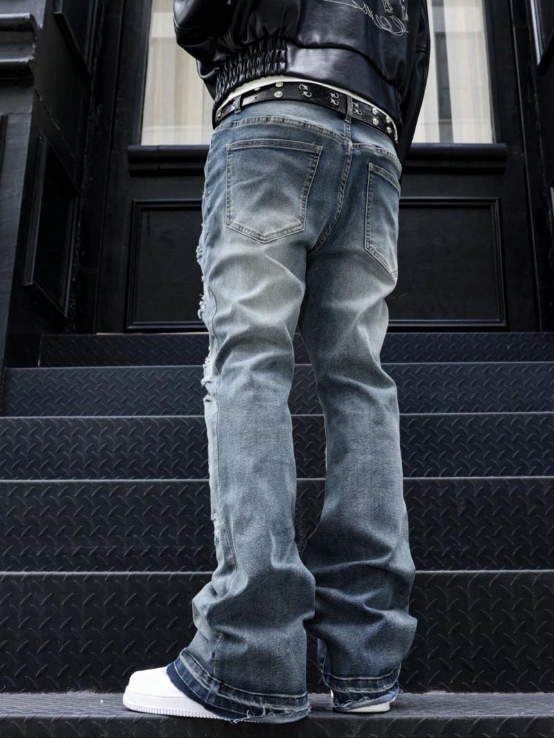 High Street Heavy Distressed Jeans, Vintage Wash Micro Flare, American Street Style, Fashionable Denim Jeans for Men and Women