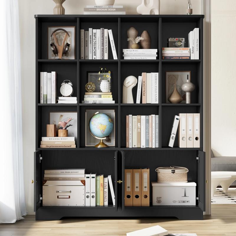 FOTOSOK 47.6" Wide Farmhouse Kids Bookshelf with Storage, Kids Book Shelf for Home Office, Double Wide Bookcase with 4 Doors