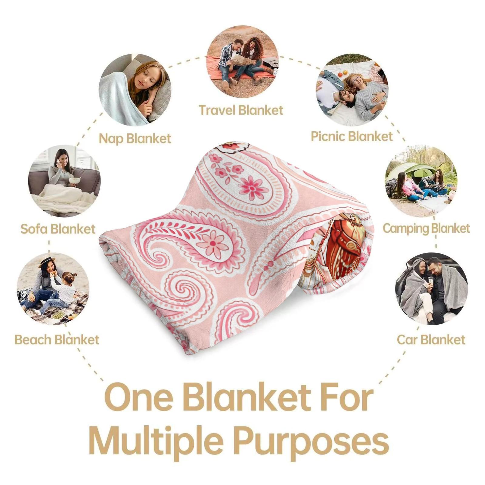 Ethnic Couple Bear Throw Blanket, Soft Skin-Friendly Plush Fleece, Lightweight Cozy, Pink Paisley Floral Print, for Couch Bed Office, All Seasons, Aesthetic Room Decor, Perfect Gift