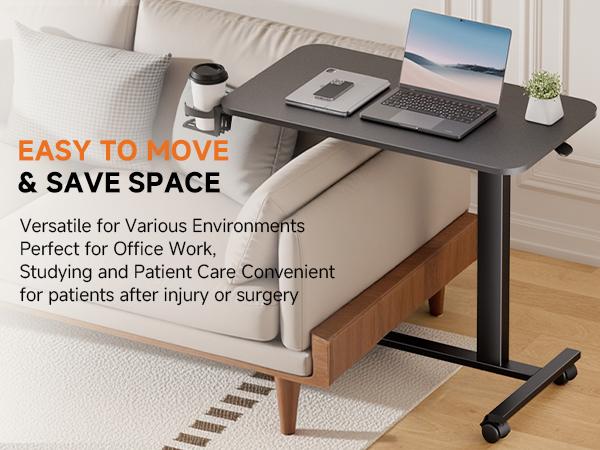 COMHOMA Adjustable Overbed Bedside Table with Lockable Wheels, Pneumatic Mobile Standing Laptop Desk, Portable Rolling Overbed Table Hospital Home Use