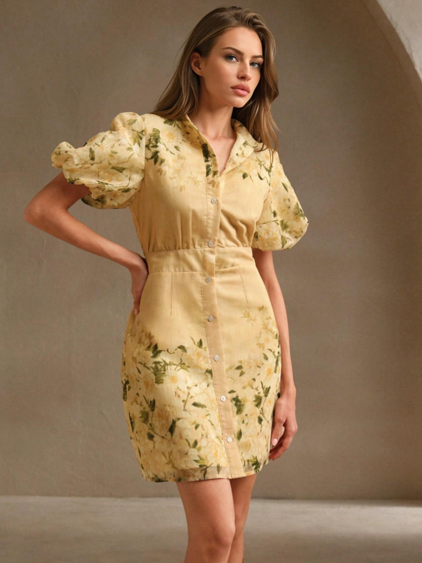 Round Neck Bubble Sleeve Print Button Front A-Line Vacation Dress, Short Skirt for Summer, Casual & Stylish Women's