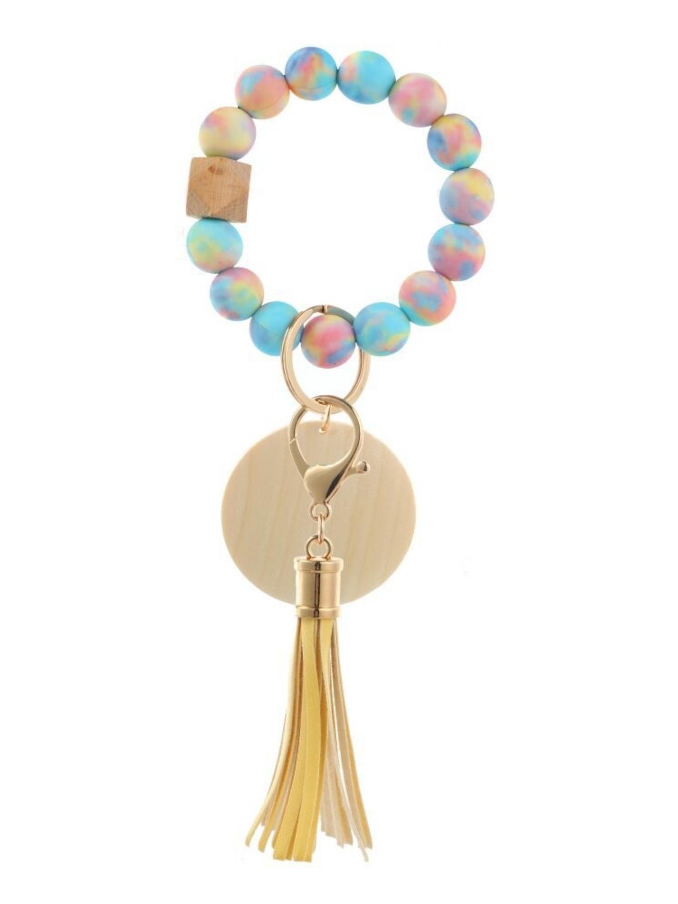 Women's Leopard Print Silicone Bead Wood Bead Tassel Bracelet Keychain, Printed Silicone Bead Wood Slice Wrist Keychain Logo Wooden Plate