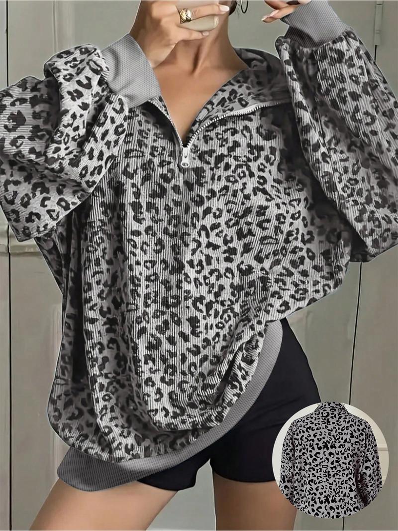 Plus Women Leopard Print Long Sleeve Casual Sweatshirt – Half-Zip V-Neck & Puff Sleeves Design, Perfect for Y2K Grunge or Casual Lazy Vibes, Soft Knit Fabric with Contrast Trim