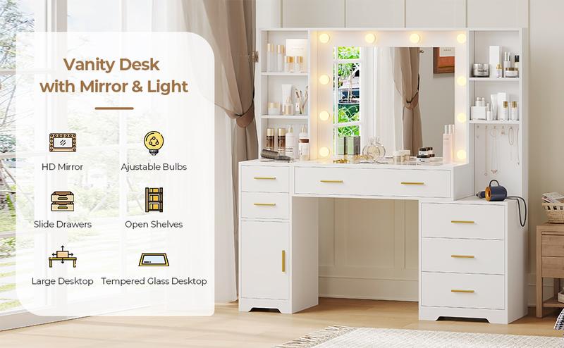 Sikaic Modern White Makeup Desk with 6 Drawers, Glass Tabletop, Power Outlets, Engineered Wood, 15.75"D x 48.8"W x 55.1"H, Bedroom Organization Storage