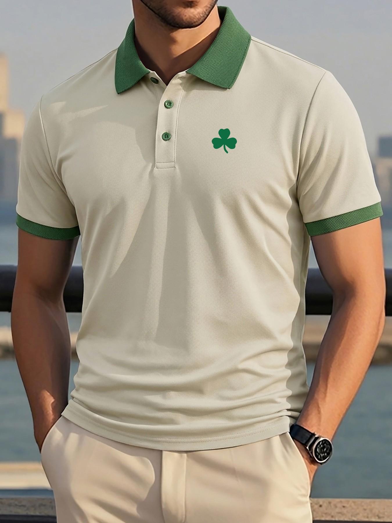 Men's Summer Clover Print Polo Shirts, Breathable Casual Golf Wear, Slim Fit Multi-Color Sportswear, Perfect Gift for Husband or Boyfriend