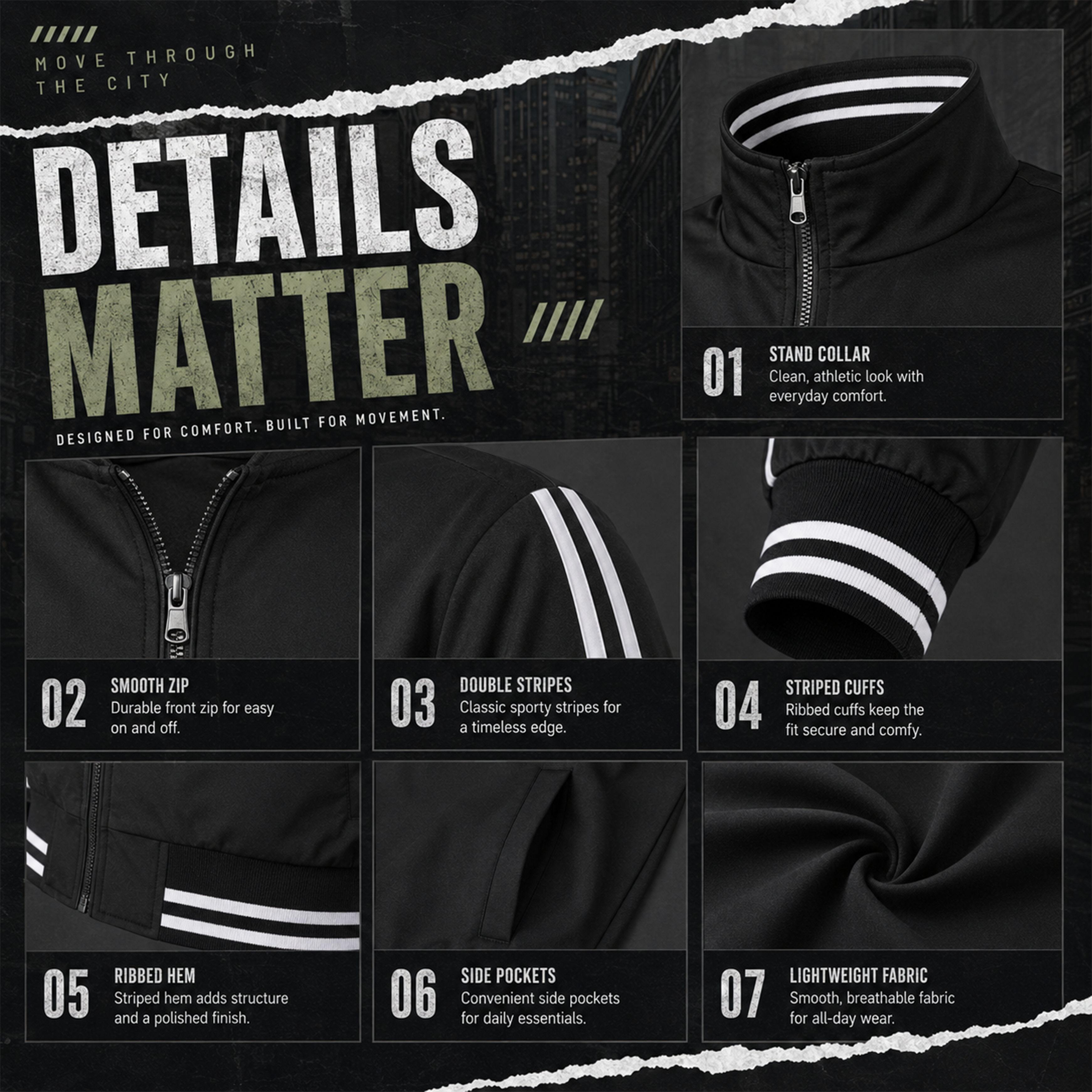 Men's Classic Ribbed Zippered Bomber Jacket - Lightweight Streetwear Coat with Lion Graphic, Sporty Stripe Sleeves and Full-Zip Front