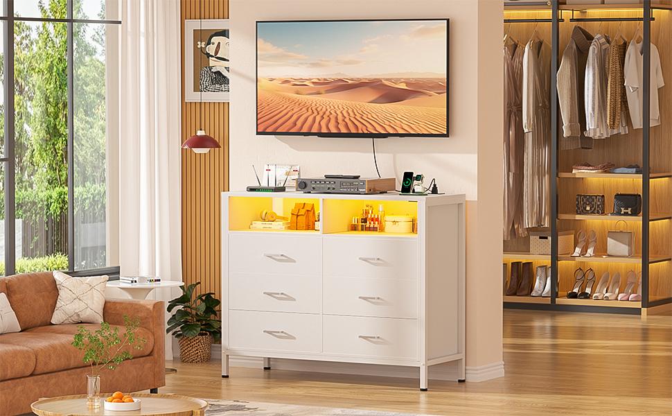Homieasy White Dresser for Bedroom, 6 Drawer Dresser with LED Lights and Outlet, Dresser TV Stand for Living Room, Hallway, Entryway dresser for baby wood dresser bedroom dresser