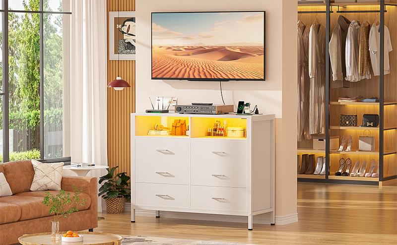 Homieasy White Dresser for Bedroom, 6 Drawer Dresser with LED Lights and Outlet, Dresser TV Stand for Living Room, Hallway, Entryway dresser for baby wood dresser bedroom dresser