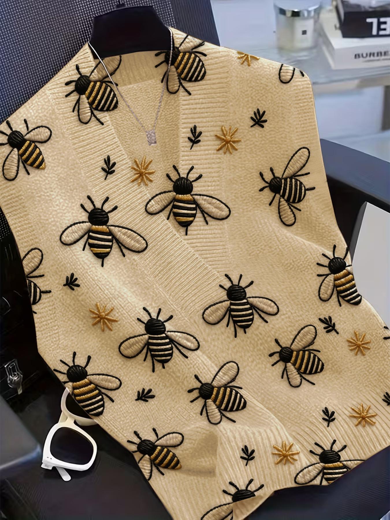 Spring Summer Elegant Women's Cartoon Bee Animal Print Vest, Cross Deep V Neck Sleeveless Knit Sweater, Casual Breathable Top