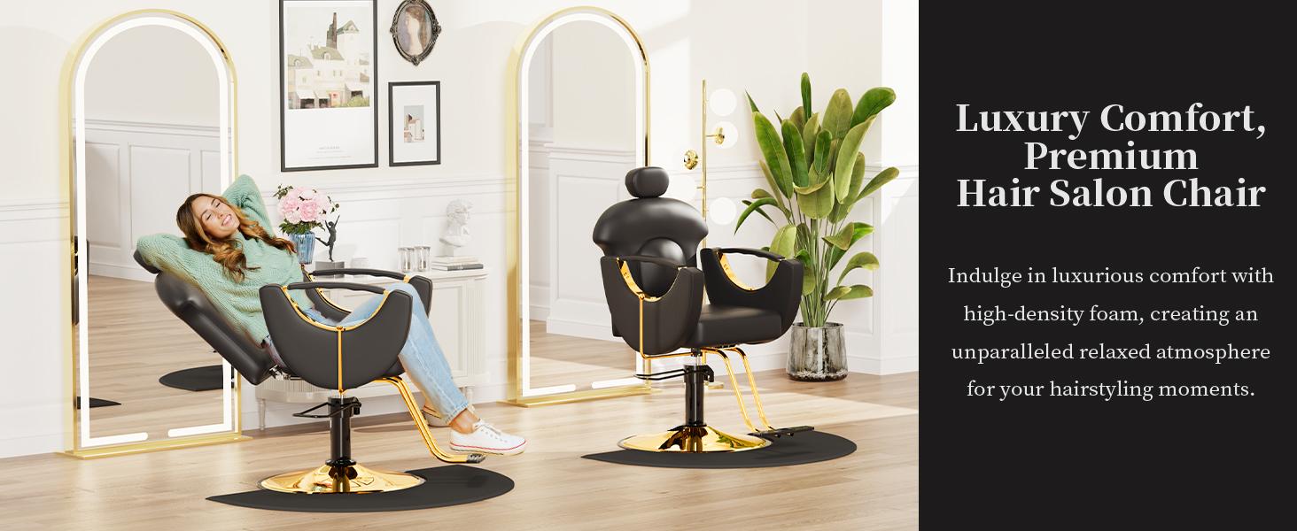 Baasha Reclining Hair Salon Chair, All Purpose Gold Salon Chair for Hair Stylist, Tattoo Chair, Weight Capacity 330 lbs