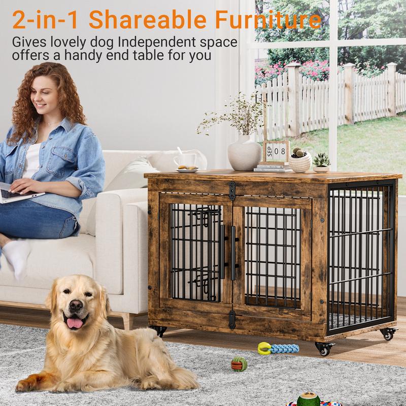 【Deals for Your Days】AOWOS 32-Inch Dog Crate With Padded, 2-Door Wooden Wheels, Indoor Dogs Kennel for Small to Medium