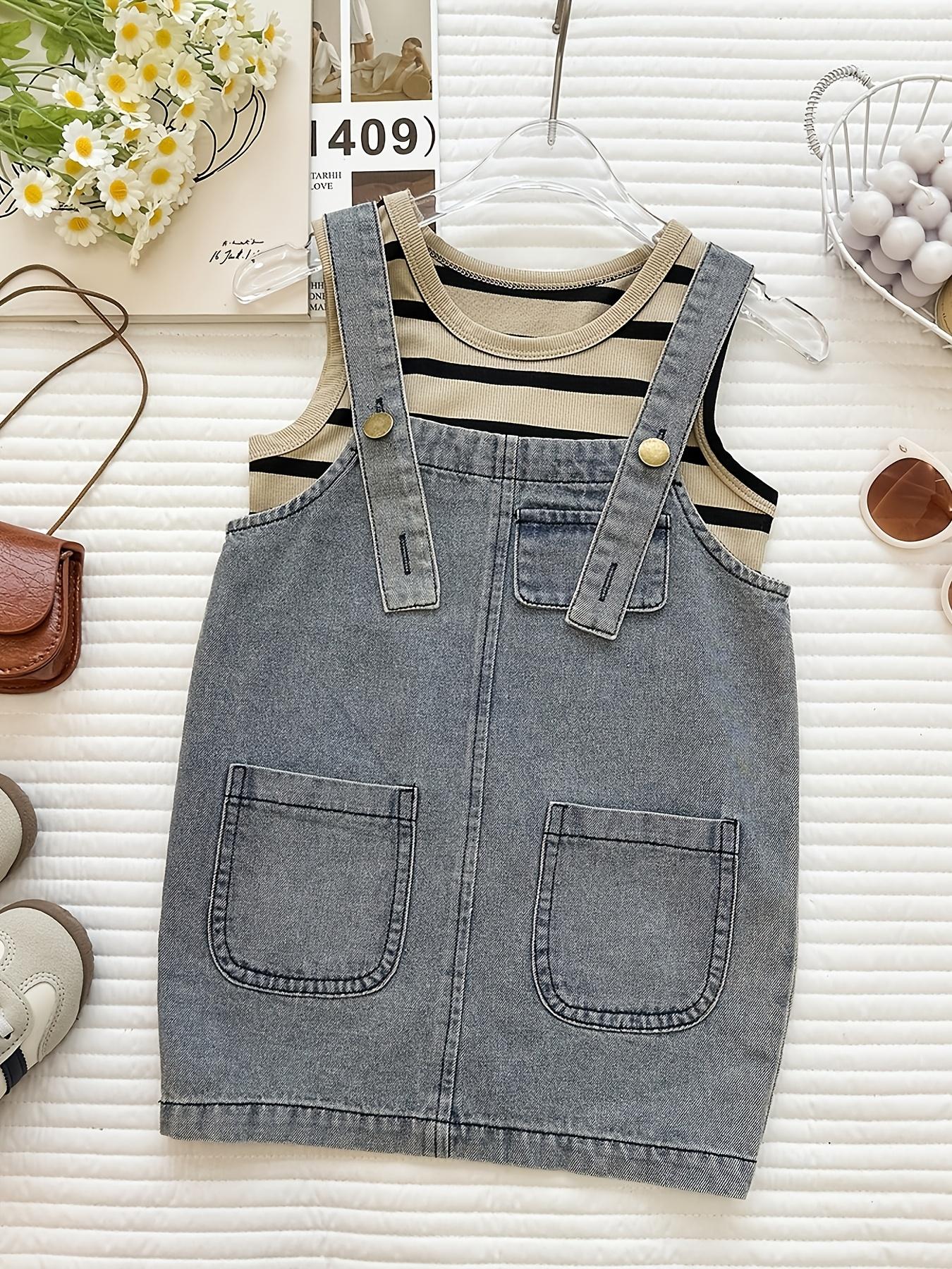 Girls' 2026 Summer New Korean Style Casual Polyester Mix Thin Stripe Print 2-Piece Set - Versatile Striped Vest, Denim Front Pinafore Dress