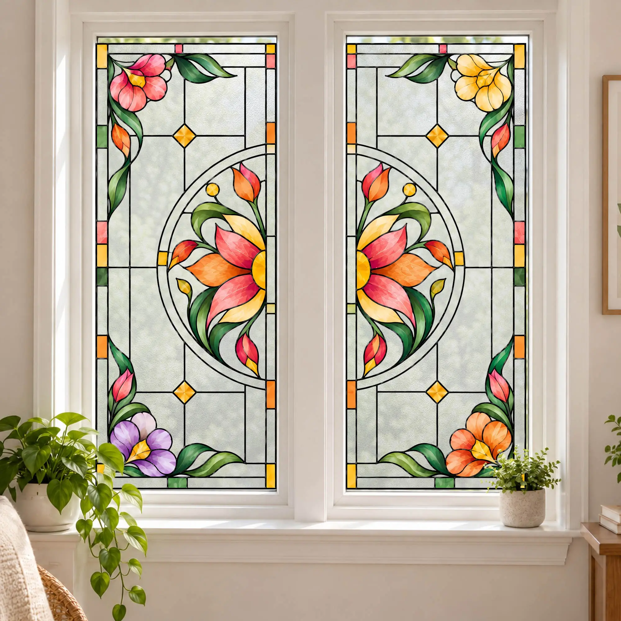 Floral Stained Glass Window Film, 2 Sheets Peel and Stick Privacy Sticker, Decorative Window Covering for Bathroom, Bedroom, Kitchen, Window Stickers