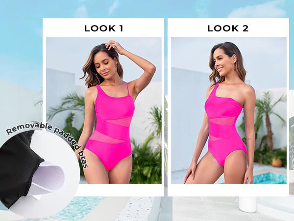 Tempt Me Women One Shoulder One Piece Swimsuits Full Coverage Cutout Mesh Sexy Bathing Suits Tummy Control Swimwear