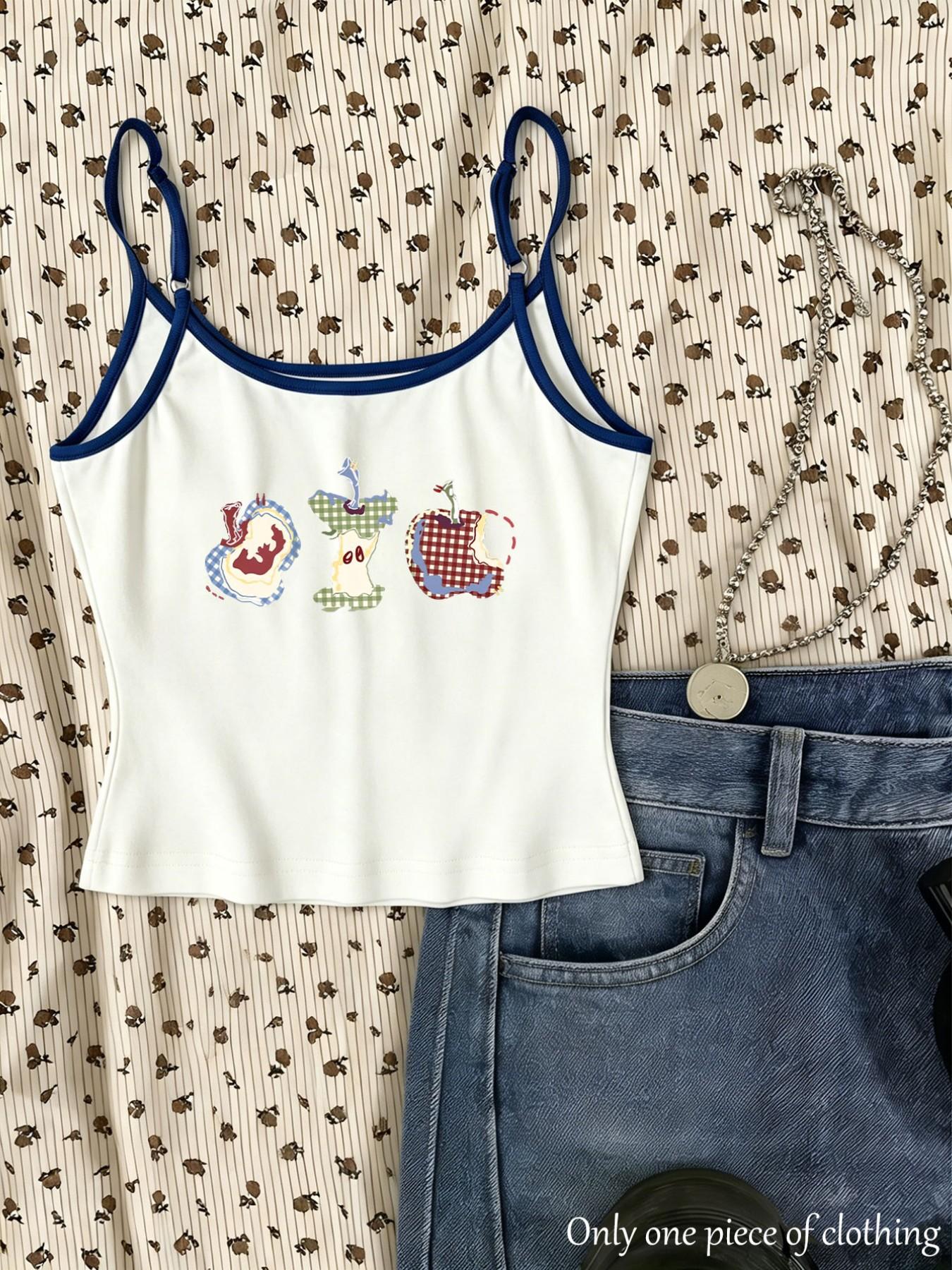 Y2K Style Apple Print Crop Top, Adjustable Shoulder Straps, Slim Fit Sleeveless Shirt, Streetwear Trendy Women's Clothing, Spring Summer New Arrival