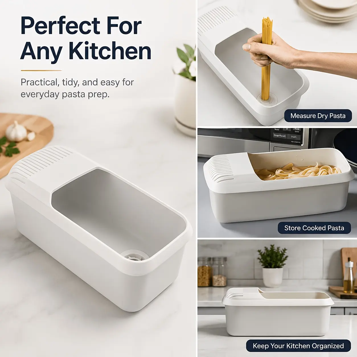 Microwave Pasta Cooker 4 Servings- No Boil Quick Cook with, Non-Stick& Mess-Design, Durable Food-Safe Plastic, Easy One-Handed Operation Spaghetti& Pasta