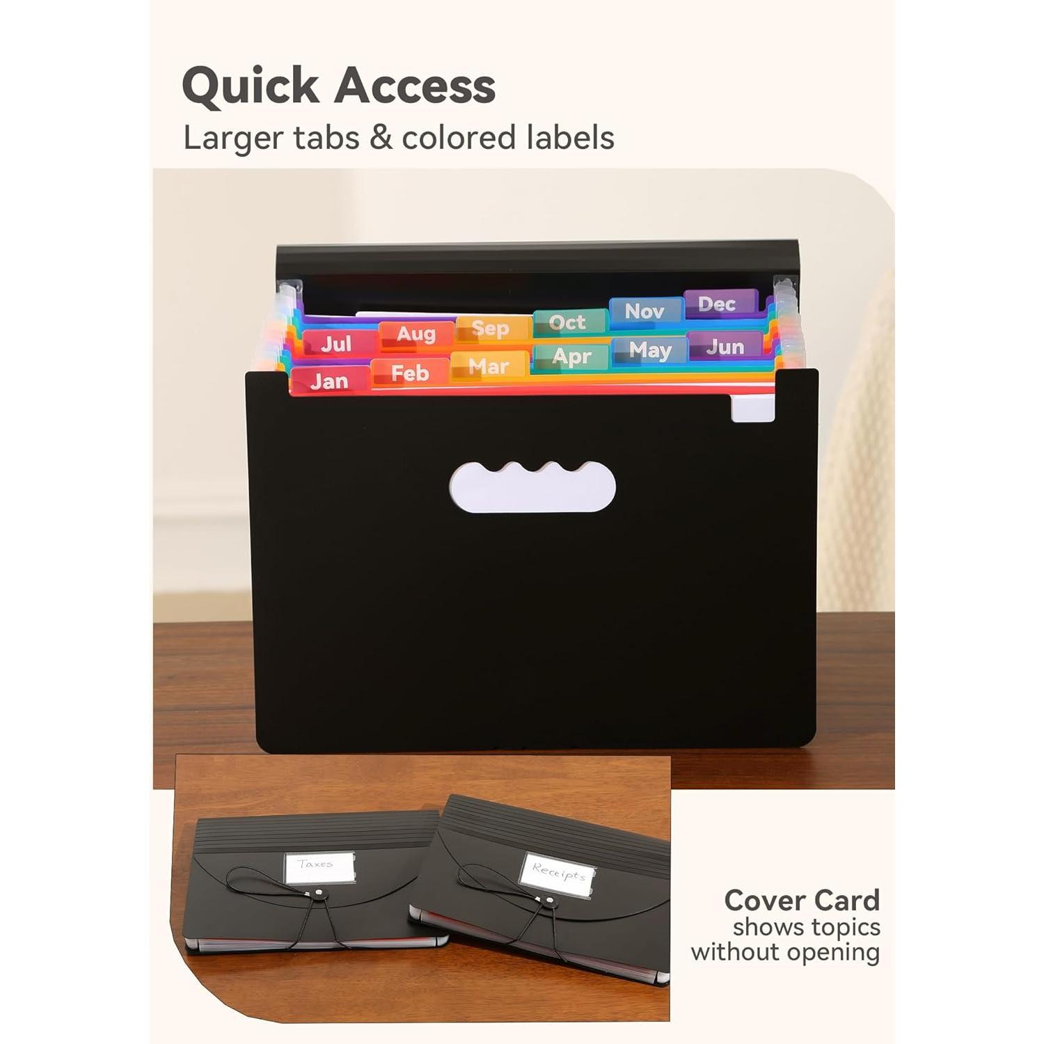 Accordion File Organizer 12 Pockets, Monthly Bill Receipt Tax Organizer, Expanding File Folders with Larger Bright Tabs, Fits Letter/A4 Size - Black