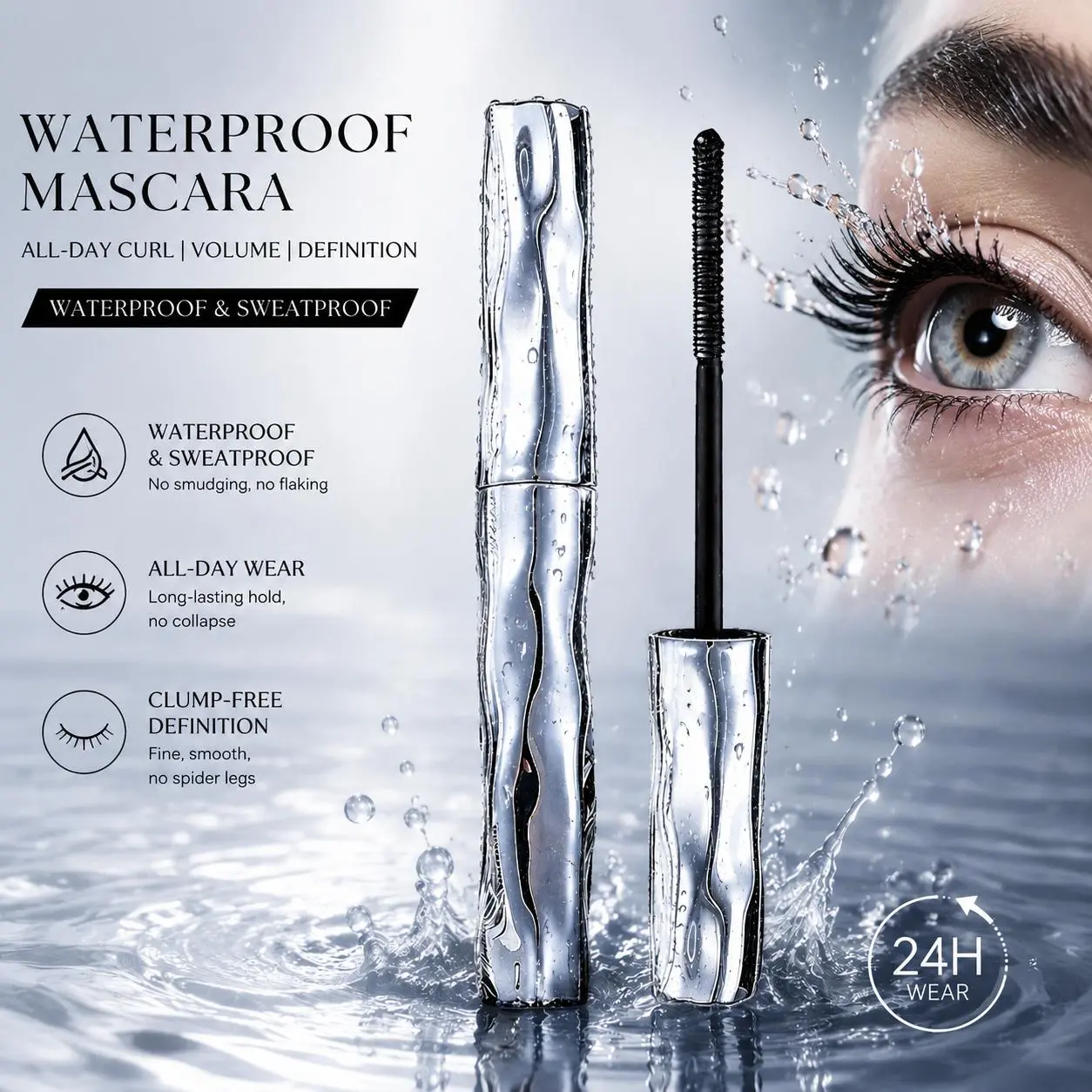 Upgraded Waterproof Metal Wand Mascara,Black Washable Metal Mascara Wand,Steel Tube Mascara Primer,Super Voluming Lash Extensions,Long Lasting Smudge-Proof No Flaking