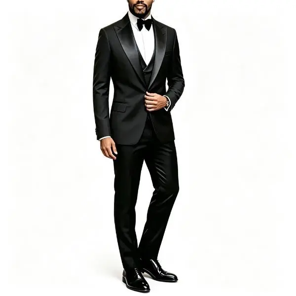 Men's Black Satin Shawl Lapel Longsleeves 3-Piece Slim Fit Polyester Tuxedo Set - Jacket, Vest, Pants with Rhinestone Trim, Party Wear for Groom Wedding Prom