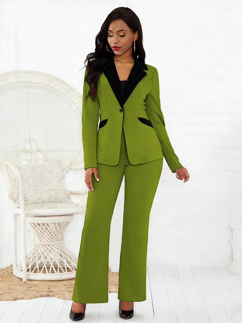 Business Style Spring Summer Trendy Women's Two-Piece Set, Colorblock Lapel Button Long Pants, Commuter Professional