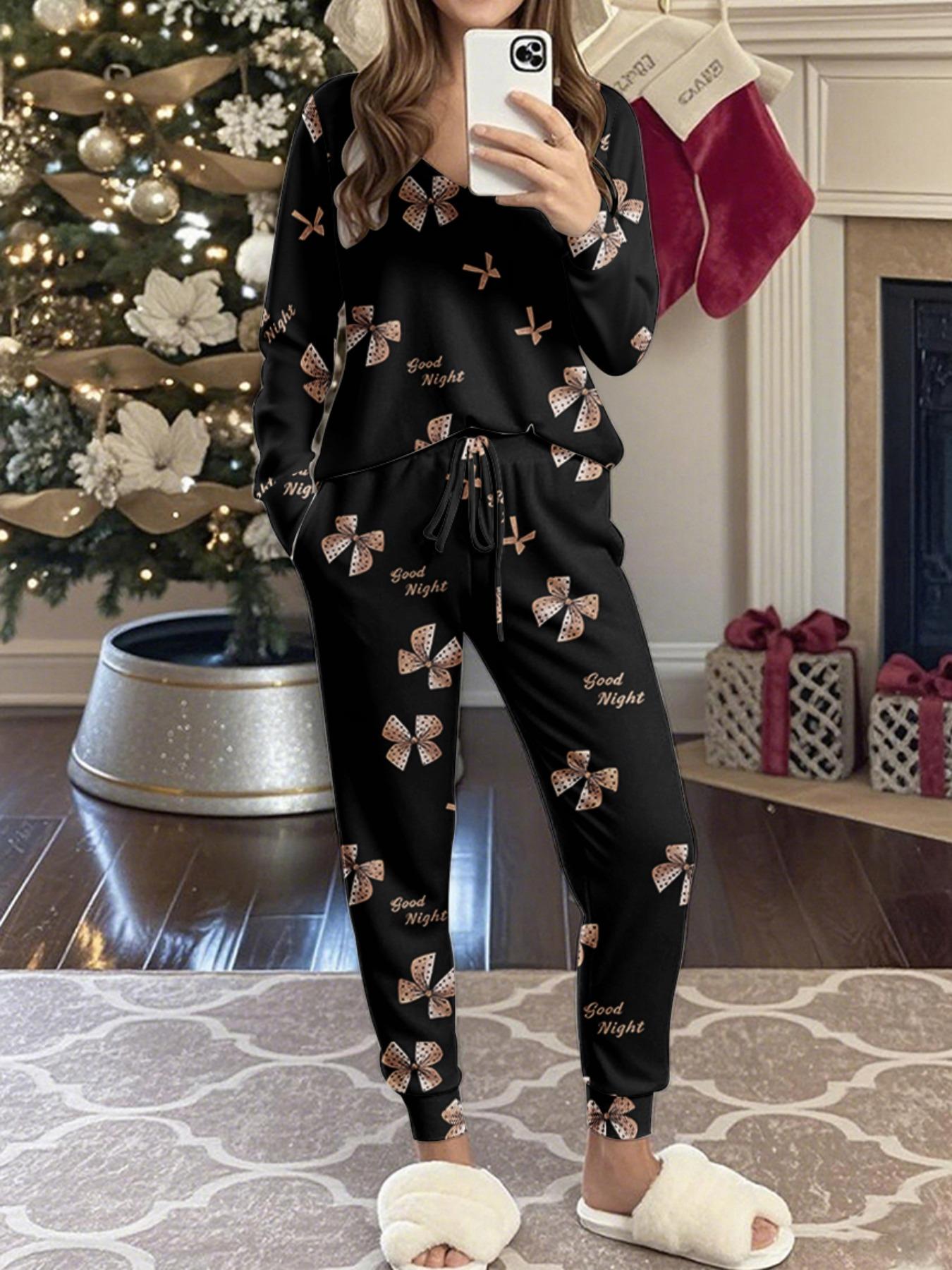 Women's Leopard Print Bow Letter Print Casual Set, Long Sleeve V Neck Top & Tie Waist Pants, Ladies Homewear Sleepwear