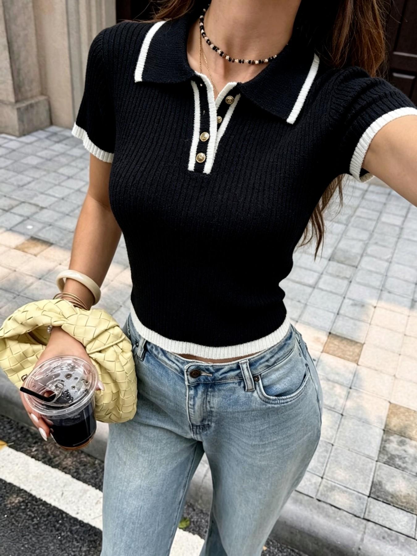 Summer Autumn Simple Style Colorblock Polo Button Collar Pullover, Fashion Casual Elegant Slim Fit Short Sleeve Knit Top for Women