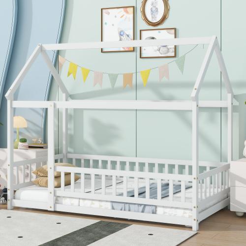 Twin Size House Floor Wooden Bed with Roof Frame,Safety Guardrails