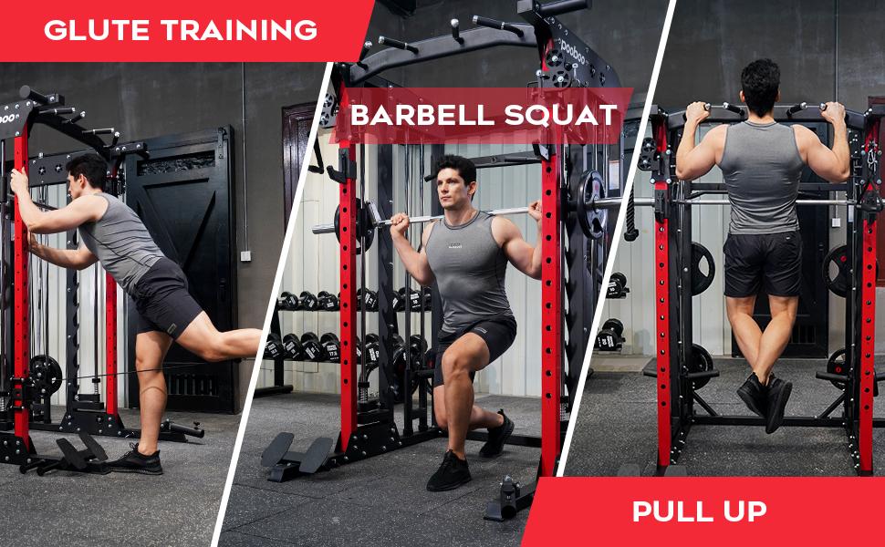 Pooboo Multi-Functional Machine Power Cage, 2000LB Squat Rack, LAT-Pull Down System, Dual Pulley Cable Crossover System, Home Gym Workout Machine with Strength Training Attachments