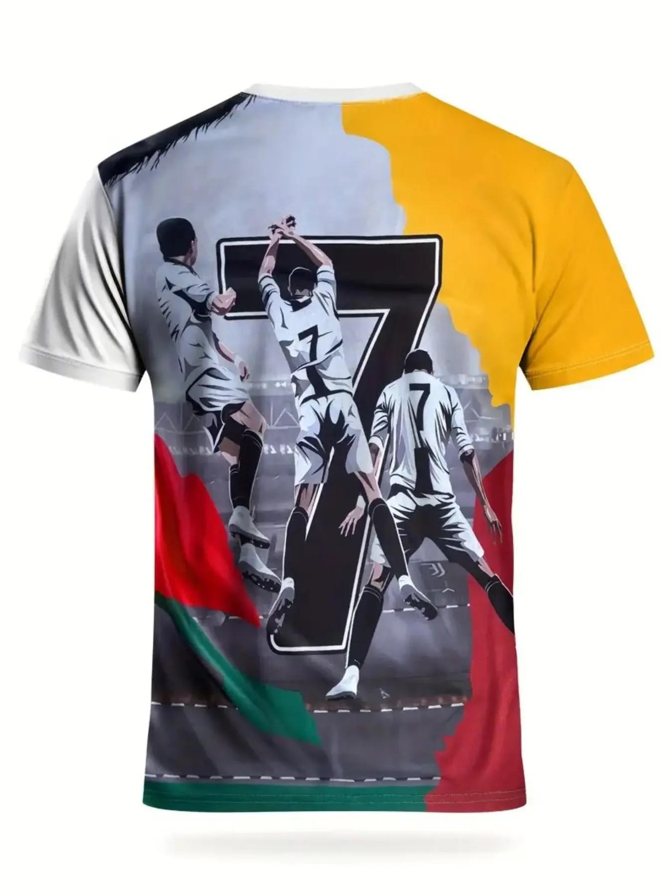 Men's Portugal Flag Football Print T-Shirt, Street Style Round Neck Short Sleeve Top, Sporty Loose-Fitting All Seasons Clothing