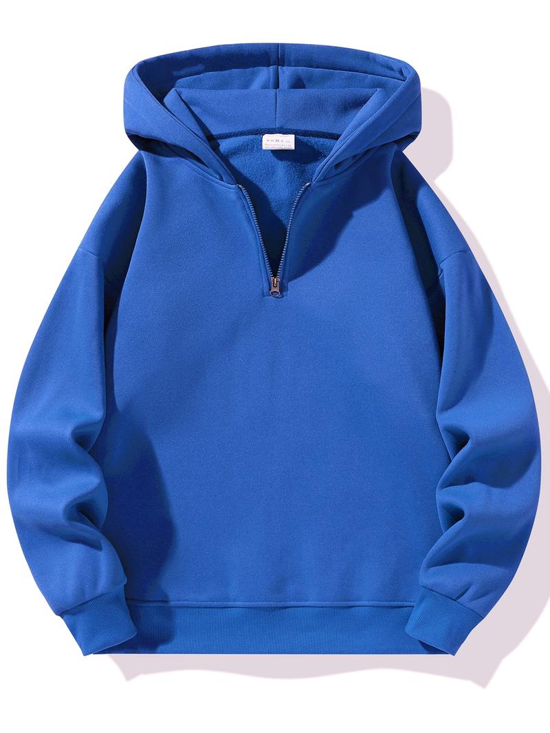 Men's Plain Half Zip Drop Shoulder Essentials Hoodie, Regular Fit Casual Long Sleeve Hooded Sweatshirt for Fall & Winter, Men's Clothes for Daily Wear