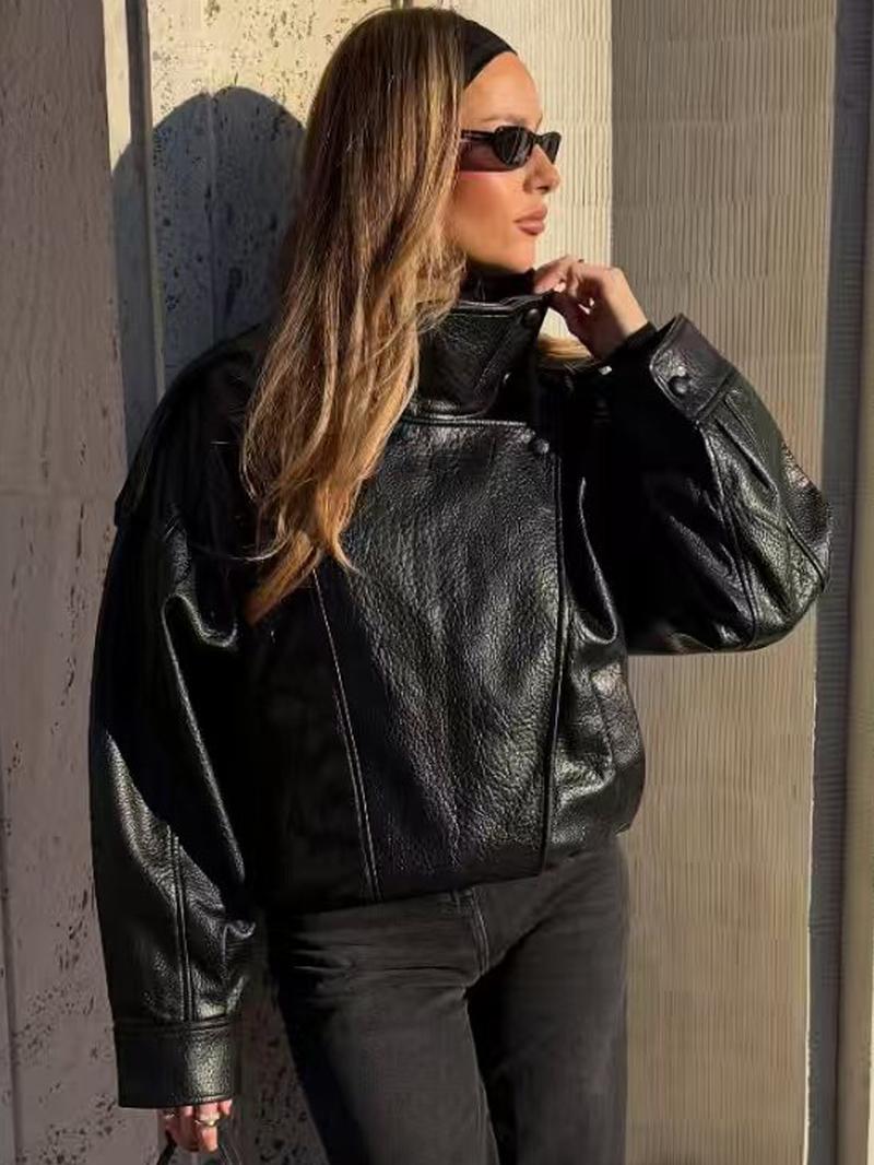 2026 Women's Black PU Leather Jacket, Oversize Asymmetrical Outerwear with Zipper, Long Sleeve Street Style Biker Jacket for Autumn