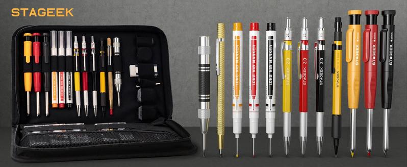 STAGEEK 34 Pack Carpenter Pencil Set with Sharpener, Mechanical Carpenter Pencils with Deep Hole Long-Nib Marker Pens, Carbide Scribe Tool & Construction Pencils for Architect Woodworking with Case