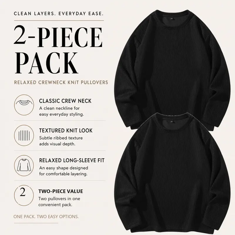 Men's Oversized Crew Neck Ribbed Knit Pullover Sweater, 2-Pack Same Solid Color, Long Sleeve Textured Knit Top, Sizes S-XXL, Everyday Casual Layering Multipack, New Template 008